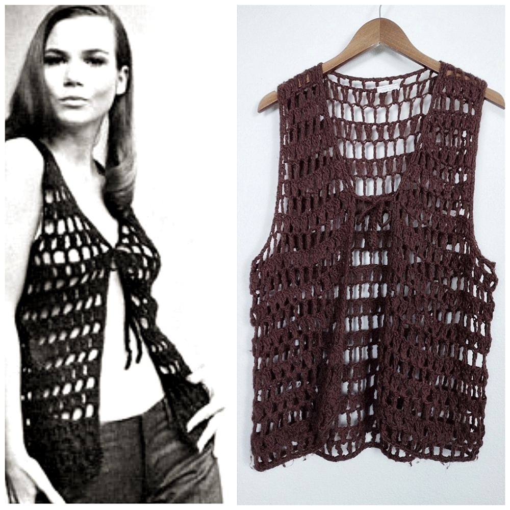 Vintage Long Crochet Hippie Vest Duster Sleeveless Cardigan Brown Wool Cover Up